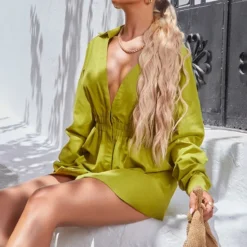 Robe Chemise Vert Olive Oversize à Taille Froncée