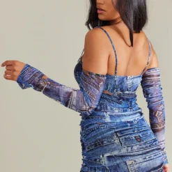 Robe Moulante En Mesh Bleu Imprimé Jean à épaules Dénudées -Jolie Vêtue Soldes Magasin b547048514506df49c9ef7721821cab2f3145e57 cnb9196 2