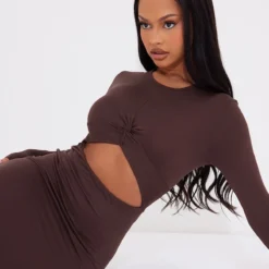 Robe Longue En Jersey Chocolat Découpée à Noeud -Jolie Vêtue Soldes Magasin b6df27d9b56883f4dc8f75b211803cbed873665c cnc9053 4