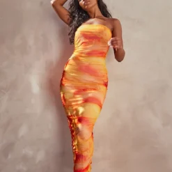 Robe Bustier Longue Fleurie Froncée En Mesh Orange -Jolie Vêtue Soldes Magasin b76a6f2294ea5d8da386d7e1bc57f57235275d0e cnd7602 3