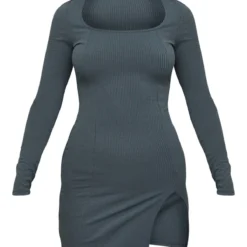 Robe Moulante Fendue Côtelée Gris Anthracite à Col Carré Et Manches Longues -Jolie Vêtue Soldes Magasin b797d9a0a193e9397c74755b682c25928b9b27e0 cnc8344 5