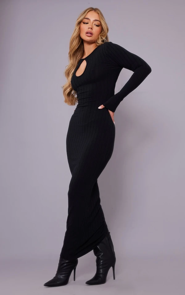 Robe Longue Très Côtelée Noire à Découpe Goutte D'eau Et Manches Longues 5 Robe Longue Très Côtelée Noire à Découpe Goutte D'eau Et Manches Longues – Image 3