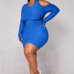 Plus Robe Moulante Bleu Vif à épaule Dénudée Et Manches Longues
