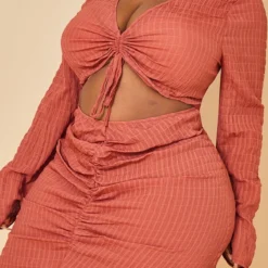 Plus Robe Mi-longue Texturée Froncée Rouille à Découpe -Jolie Vêtue Soldes Magasin b89659dec728fa2a12b0774b28178a64fdf02b15 cmw3067 5