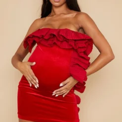 Maternité Robe Moulante De Grossesse Rouge à Bustier Volanté