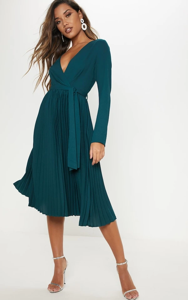 Robe Vert émeraude Mi-longue Plissée à Manches Longues 3 Robe Vert émeraude Mi-longue Plissée à Manches Longues