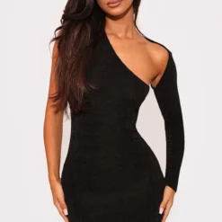 Petite Robe Asymétrique Très Moulante Noire En Acétate Découpé