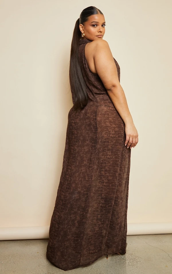 Plus Robe Longue En Mousseline De Soie Chocolat Imprimé Croco 4 Plus Robe Longue En Mousseline De Soie Chocolat Imprimé Croco – Image 2