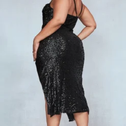 Plus Robe Mi-longue Fendue En Sequins Noirs à Col Bénitier -Jolie Vêtue Soldes Magasin b9dee0b1fac4b7633ce5a4adbb1874616dfac1cb cnb4247 2