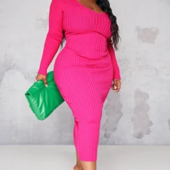 Robe Longue Rose Vif En Maille Tricot Côtelée à Col Large -Jolie Vêtue Soldes Magasin ba42c30548d952a640151da069f04a5322207027 cnb2048 3