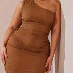 Plus Robe Mi-longue Texturée Chocolat à épaule Unique -Jolie Vêtue Soldes Magasin ba775f2ccf3cd7a018507286ade2dc79571814e6 cmy4407 5