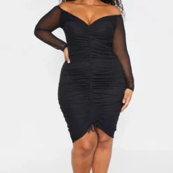 Plus Robe Mi-longue Noire Froncée à Manches En Mesh -Jolie Vêtue Soldes Magasin bb1ba8cf936c7103ca591338db941881b48efe7e cme0480 4