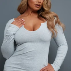 Logic Shape Robe Moulante Manches Longues En Coton Gris Cendré à Col Découpé -Jolie Vêtue Soldes Magasin bb4de7f04bda6cf875c7ded3365c2377e1f18973 cnc8779 4