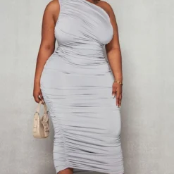 Plus Robe Moulante Longue Grise Froncée à épaule Unique -Jolie Vêtue Soldes Magasin bb60b9bf49b6ca96ea1fcf0e6eae5e8ca4144383 cnc9741 1