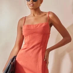 Robe Mi-longue Rouille Fendue à Corset Et Bretelles Fines -Jolie Vêtue Soldes Magasin bba3a63a7d0f9bce5b7367c16627ef88cc46d4e4 cnd4288 4