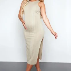 Maternité Robe De Grossesse Mi-longue Côtelée Brossée Vert Sauge à Dos Nageur -Jolie Vêtue Soldes Magasin bbbd50008d0247d37b05a520ab9c46883243d9d4 cnd7179 3