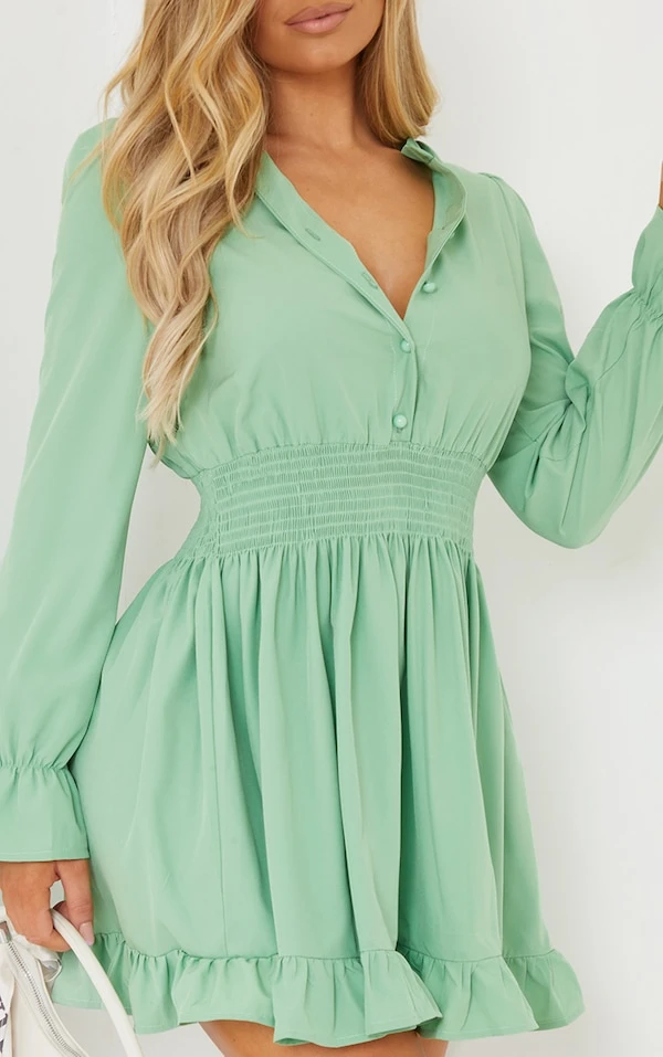 Robe Chemise Vert Sauge Resserrée à La Taille 6 Robe Chemise Vert Sauge Resserrée à La Taille – Image 4
