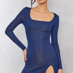 Tall Robe Moulante Fendue Bleu Marine Côtelée à Col Carré Et Manches Longues