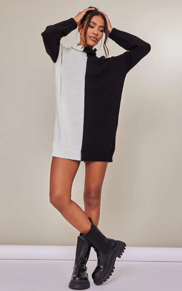 Robe Pull En Maille Noir & Blanc Style Colourblock à Col Roulé 5 Robe Pull En Maille Noir & Blanc Style Colourblock à Col Roulé – Image 3