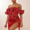 Robe Moulante Bouffante En Mesh Fleuri Rouge à Corset