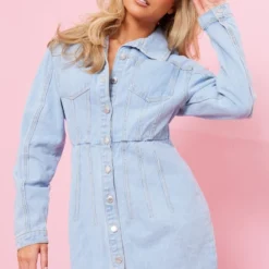 Robe En Jean Bleu Clair Délavé Cintrée à Détail Coutures -Jolie Vêtue Soldes Magasin bcfd94d65b7181a9828c79fdb2f6c354c8a34e2e cnc5724 3