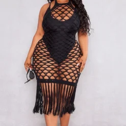 Plus Robe De Plage En Maille Tricot Noire Détail Franges à Dos Nu -Jolie Vêtue Soldes Magasin bd23f29a38f887f18b14f615a0ac8598e662475f cnd2851 3