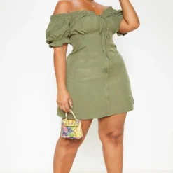 Plus Robe Droite Kaki à Col Bardot Et Boutons -Jolie Vêtue Soldes Magasin bd31c0a265fccc4fab103346f91def25d6323ffc cmd9159 4