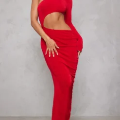 Robe Asymétrique Longue Moulante Rouge En Acétate Découpé