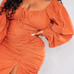 Plus Robe Mi-longue Fendue Rouille Effet Lin Froncée Sur Le Côté -Jolie Vêtue Soldes Magasin bd8ad9530bbaab5d71f24021b96d2ea670464196 cnd6503 4