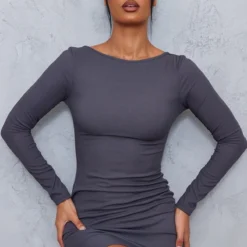 Robe Moulante Côtelée Gris Anthracite à Dos Lacé Et Manches Longues -Jolie Vêtue Soldes Magasin bd92c67234327992186c62cc6f992fd5be5f2490 cnc5777 2