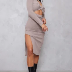 Robe Mi-longue Côtelée Café Au Lait Croisée Devant Fendue Sur Le Côté -Jolie Vêtue Soldes Magasin be3591b9266a3aaf47b6af1449501bf5b8a6d8f5 cnb4465 3