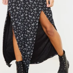 Robe Très Longue Noire Fendue à Imprimé Petites Fleurs -Jolie Vêtue Soldes Magasin be691a8787d7f4ee184dfb176ca65e47b932f3a3 cmf6769 5