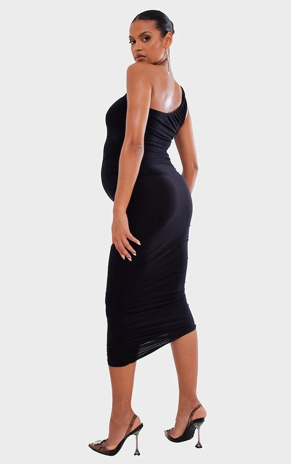 Maternité Robe Mi-longue De Grossesse Moulante Noire Asymétrique 4 Maternité Robe Mi-longue De Grossesse Moulante Noire Asymétrique – Image 2