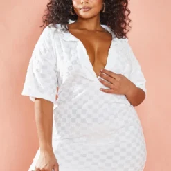 Plus Robe Chemise En éponge Crème à Carreaux