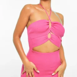 Robe En Maille Tricot Côtelée Rose Vif à Lanière Croisées