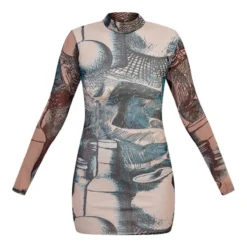 Robe Moulante En Mesh Froncé Vert Imprimé Abstrait à Manches Longues -Jolie Vêtue Soldes Magasin bf7d0e2cbfa3b07b24951b6559dd6ab77b6e06ab cnd1334 5