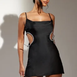 Pure Robe Satinée Noire Découpé à Bretelles Fines Et Strass