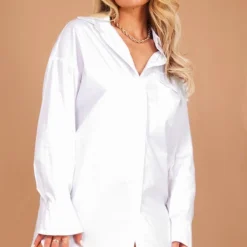 Robe Chemise Oversize Blanche à Manches Ballon