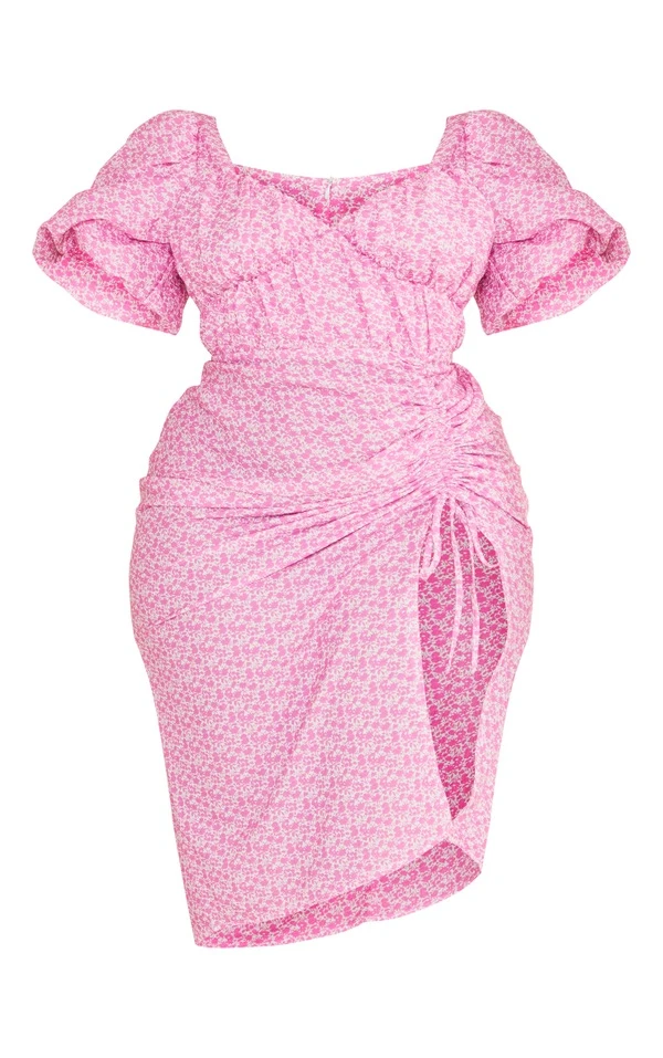 Plus Robe Mi-longue Fendue Rose Vif Fleurie à Côtés Froncés Et Manches Bouffantes 7 Plus Robe Mi-longue Fendue Rose Vif Fleurie à Côtés Froncés Et Manches Bouffantes – Image 5
