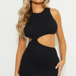 Petite Robe Moulante En Maille Gaufrée Noire à Découpes Et Dos Nageur