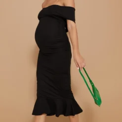 Maternité Robe De Grossesse Mi-longue Noire à Col Bardot Et Ourlet Volanté -Jolie Vêtue Soldes Magasin c28ea8bb698b6a2fcd91ac9afd9d7e730bc929e7 cmz9779 3