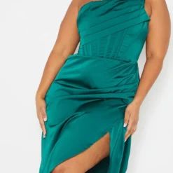 Plus Robe Mi-longue Satinée Vert émeraude à Détail Drapé Et Ourlet Fendu -Jolie Vêtue Soldes Magasin c2c8cd7ec06d638893469deb36d94ea69ec30418 cmu5773 5