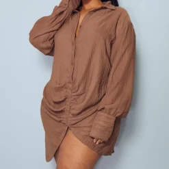 Plus Robe Chemise Texturée Chocolat à Détail Drapé Et Manches Longues -Jolie Vêtue Soldes Magasin c2f128fdc0e714226ecee0b1ee25c2d59d3ea8cd cmv7950 4