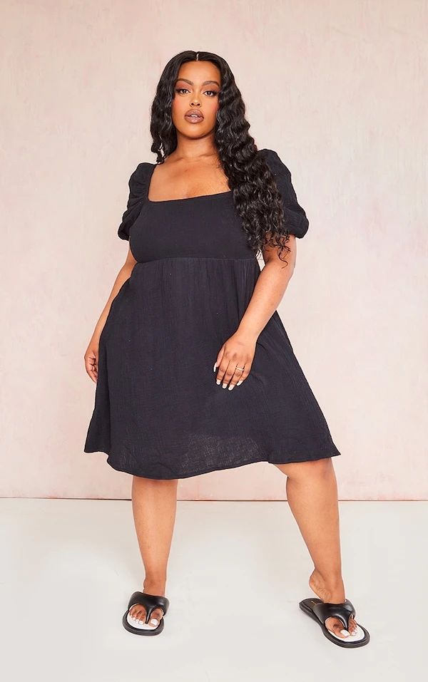 Plus Robe Droite En Effet Lin Texturé Noir à Manches Bouffantes 5 Plus Robe Droite En Effet Lin Texturé Noir à Manches Bouffantes – Image 3