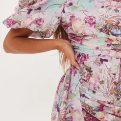 Robe Moulante Asymétrique Rose Fleurie Abstraite Drapée à Manche Bouffante -Jolie Vêtue Soldes Magasin c424316af17add5912906b1d16998b465ed6dfa9 cnd4314 4