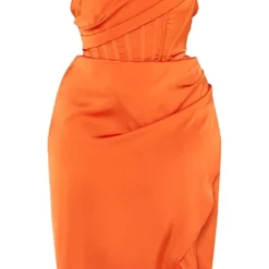Plus Robe Mi-longue Satinée Orange à Détail Drapé Et Ourlet Fendu -Jolie Vêtue Soldes Magasin c4397957e1016bab816d14eacd584d061a4b8ecf cmu5772 6