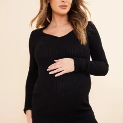 Maternité Robe De Grossesse Moulante Noire En Maille Côtelée Brossée à Décolleté