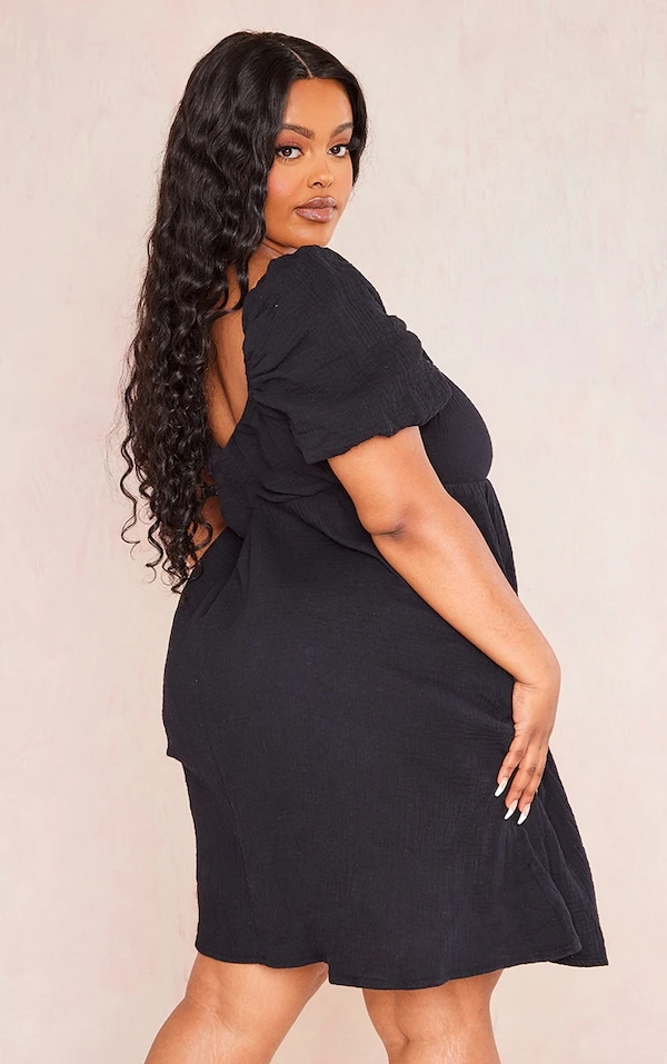 Plus Robe Droite En Effet Lin Texturé Noir à Manches Bouffantes 4 Plus Robe Droite En Effet Lin Texturé Noir à Manches Bouffantes – Image 2
