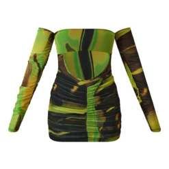 Robe Moulante Froncée En Mesh Imprimé Fumée Vert à Col Bardot -Jolie Vêtue Soldes Magasin c764495233cc2541419934dc8883c394bf814871 cnd0419 5