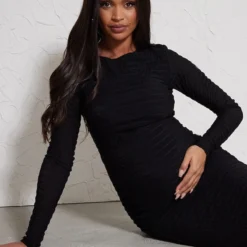 Maternité Robe De Grossesse Mi-longue Froncée Noire à Manches Longues -Jolie Vêtue Soldes Magasin c7c8f29b35dc085ef658b482aa306c622163076b cnd0103 4